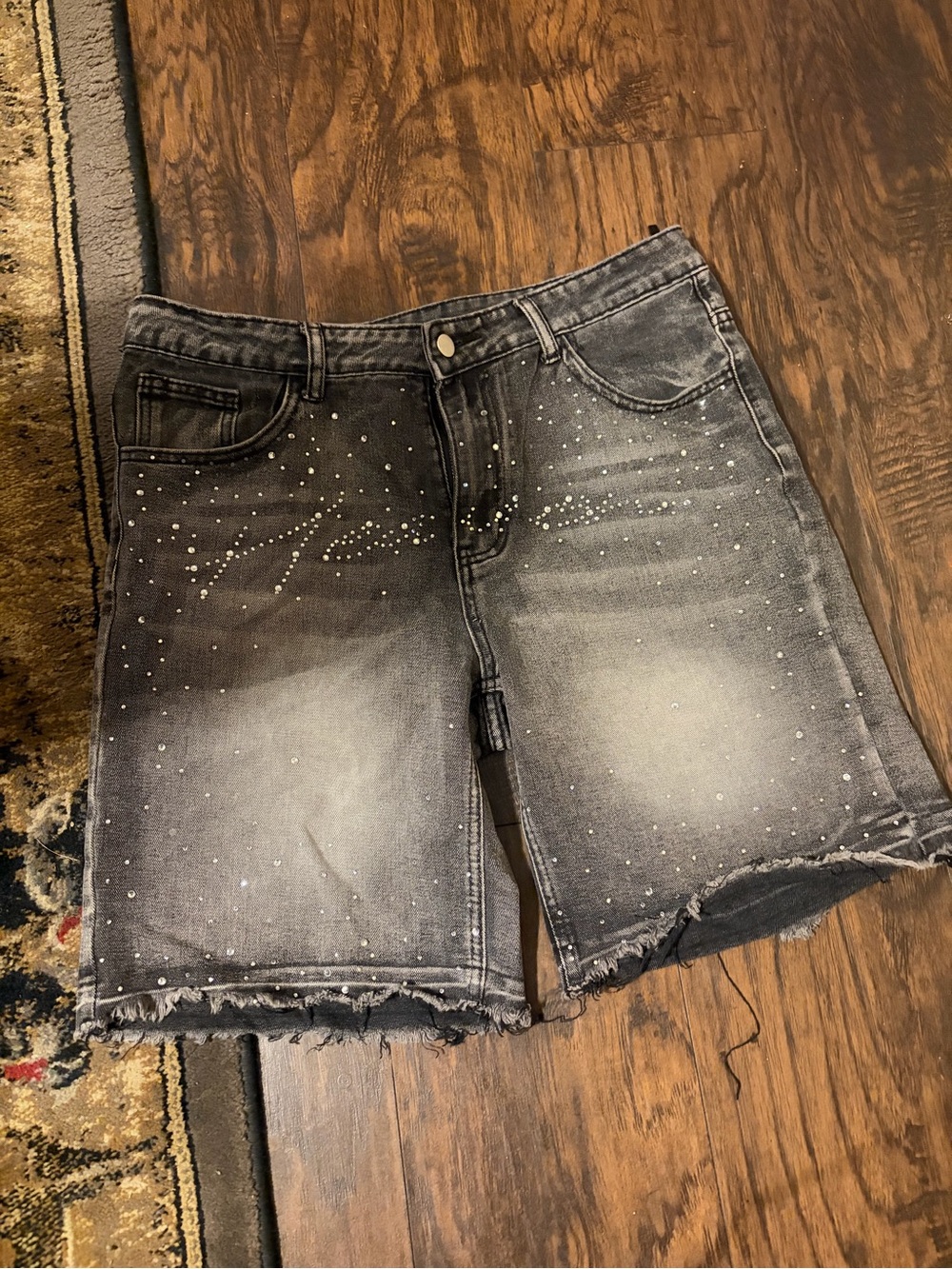 Men Gray Distressed Denim Shorts with Rhinestones
